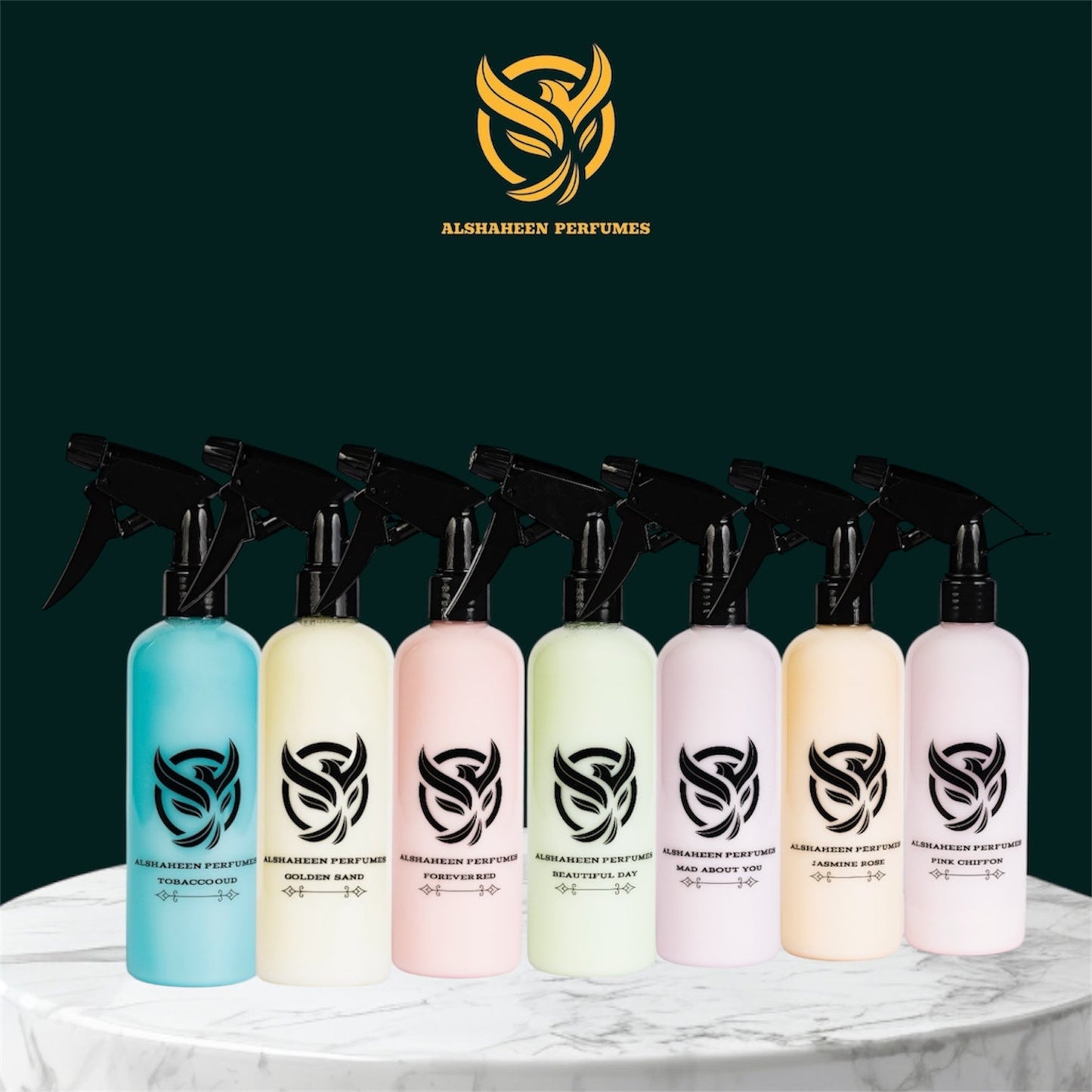 Alshaheen Perfumes 7 in 1 Home Spray Collection Bottles Lineup View